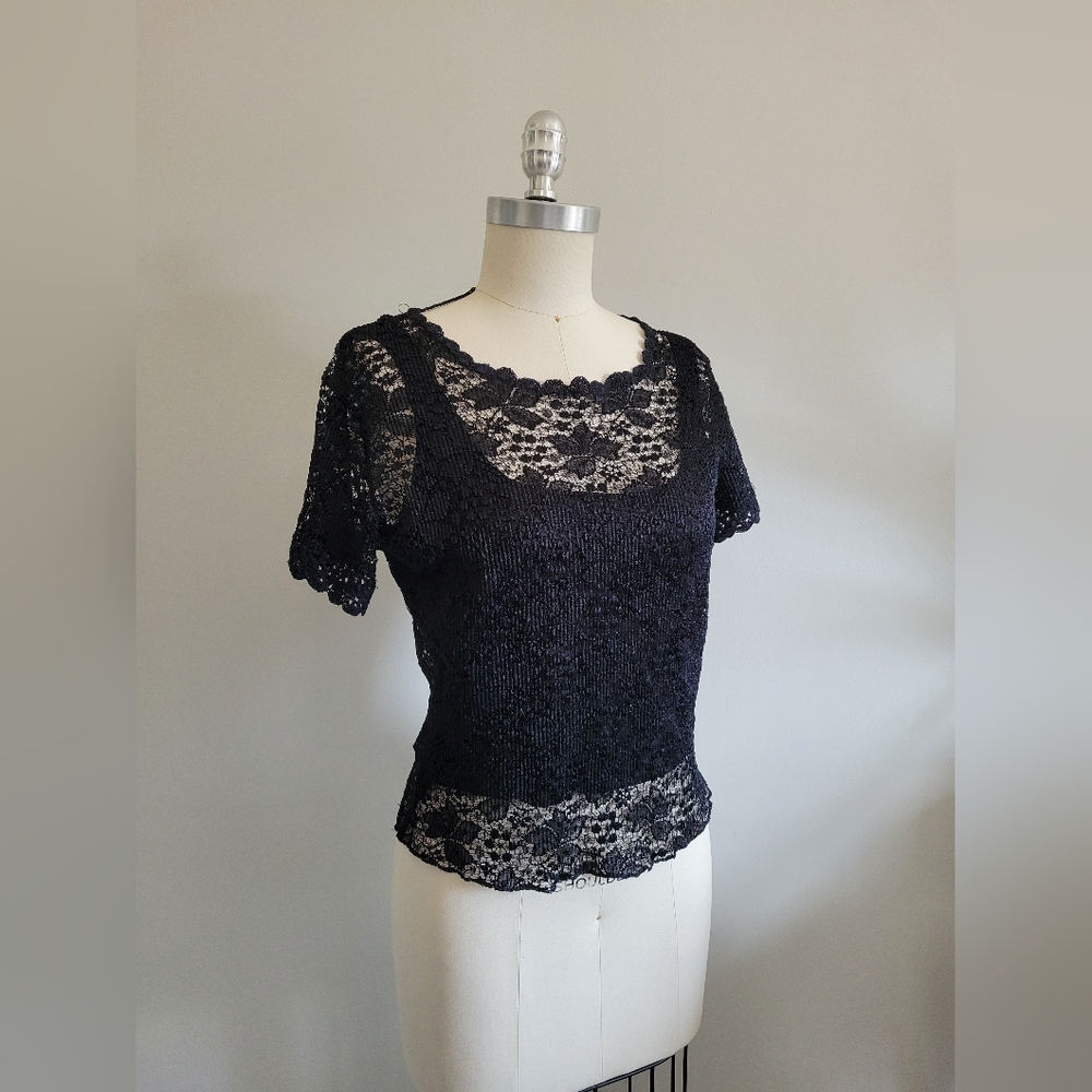 2000s black lace short sleeve shirt blouse